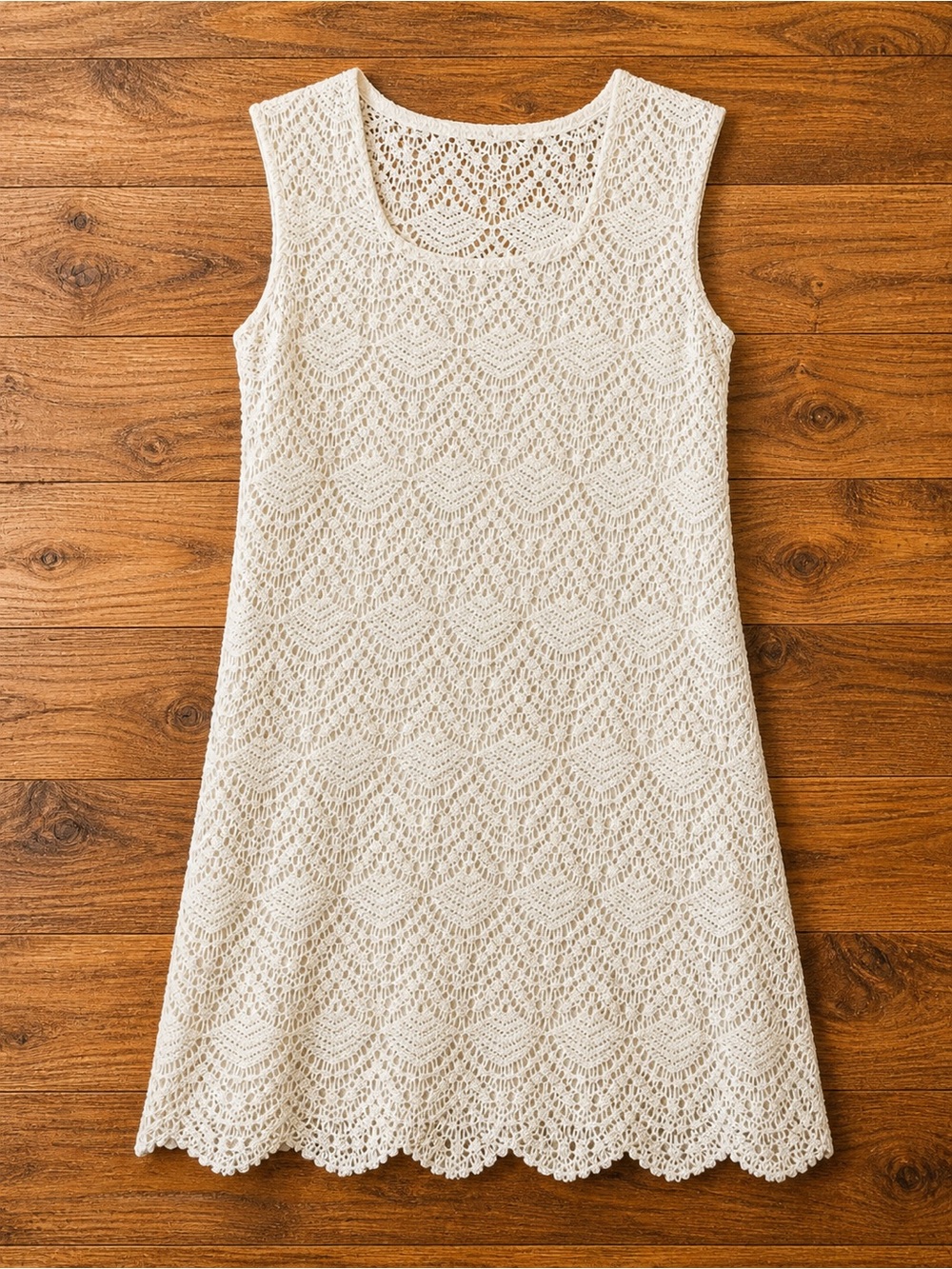 Boho | Coquette | Cream Crochet Lace Dress Sleeveless Scalloped Hem | Size S/M
